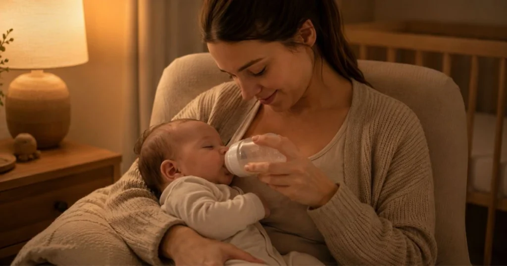 Dream Feed: What It Is, How It Works & When to Try It 6 Parent dream feeding a baby during a growth spurt