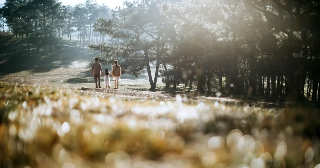 Family walking hand in hand through nature, representing the lasting bond and trust built through gentle parenting.