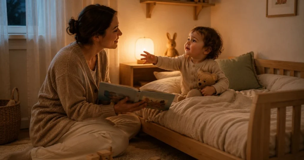 Parent comforting an 18-month-old toddler during the 18-month sleep regression at bedtime.