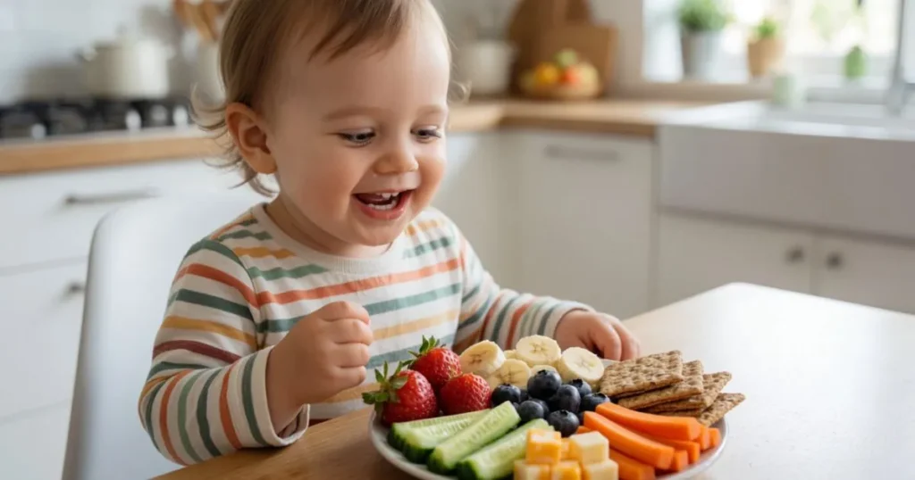 Healthy toddler enjoying nutritious snacks at home