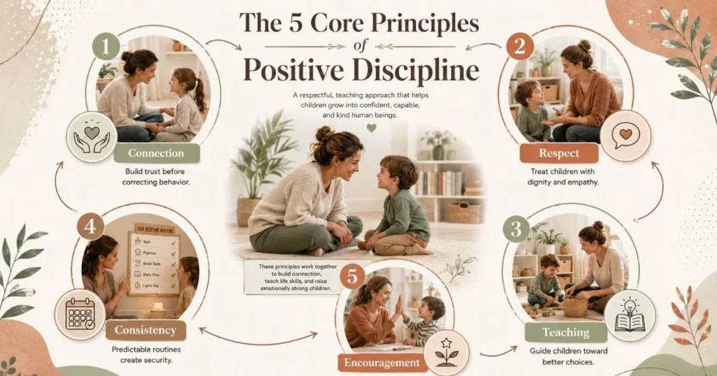 Infographic showing the five core principles of positive discipline.