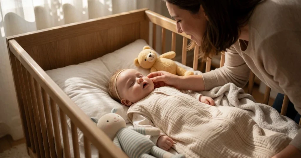 9-month-old baby sleeping peacefully after the 8–10 month sleep regression with a parent nearby