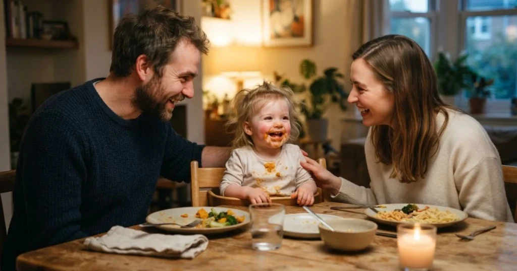 Family dinner  Parents and toddler eating together.