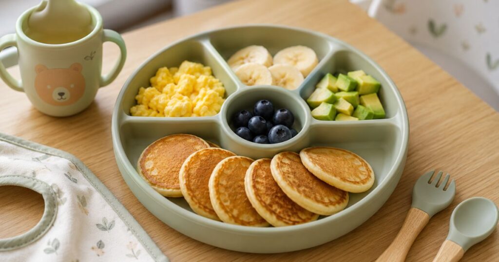 Toddler finger food breakfast with mini pancakes, fruit, eggs, and avocado