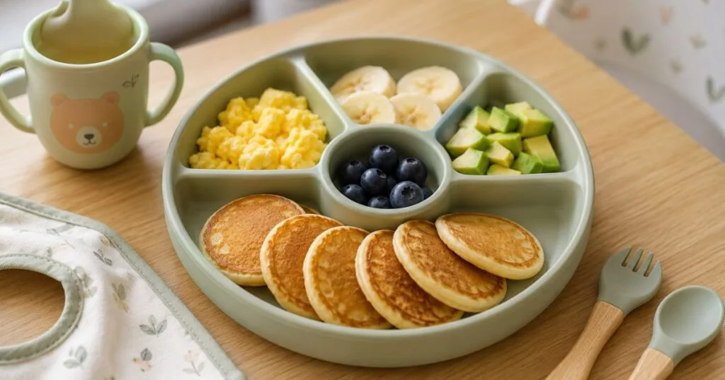75 Toddler Breakfast Ideas: Easy, Healthy & Quick Morning Meals 9 Toddler finger food breakfast with mini pancakes, fruit, eggs, and avocado