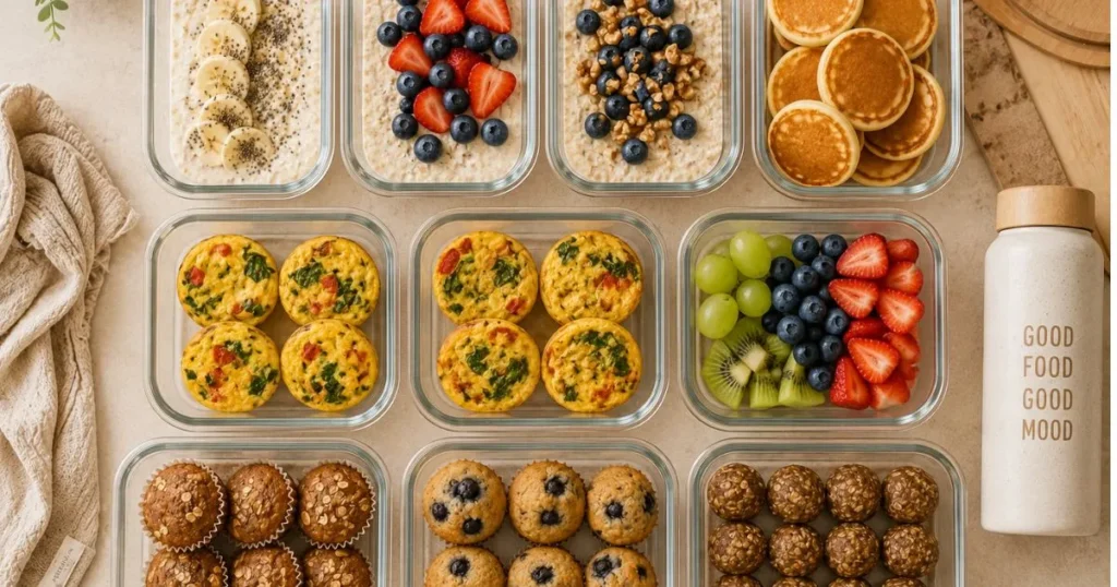 Weekly toddler breakfast meal prep with overnight oats, egg muffins, and pancakes