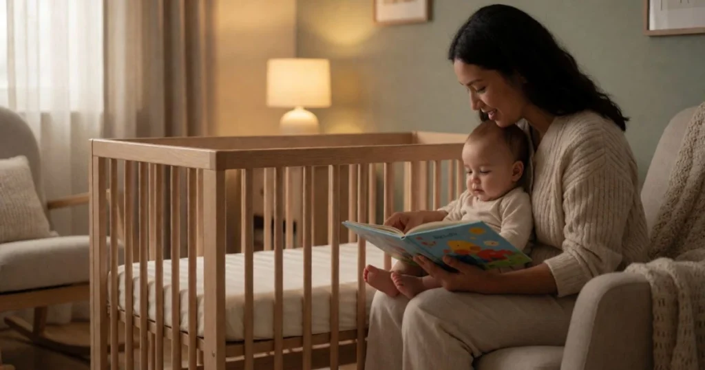 Parent reading a bedtime story before placing baby in crib