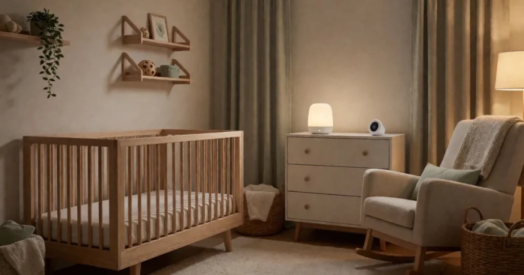 Cozy nursery with crib, blackout curtains, and white noise machine