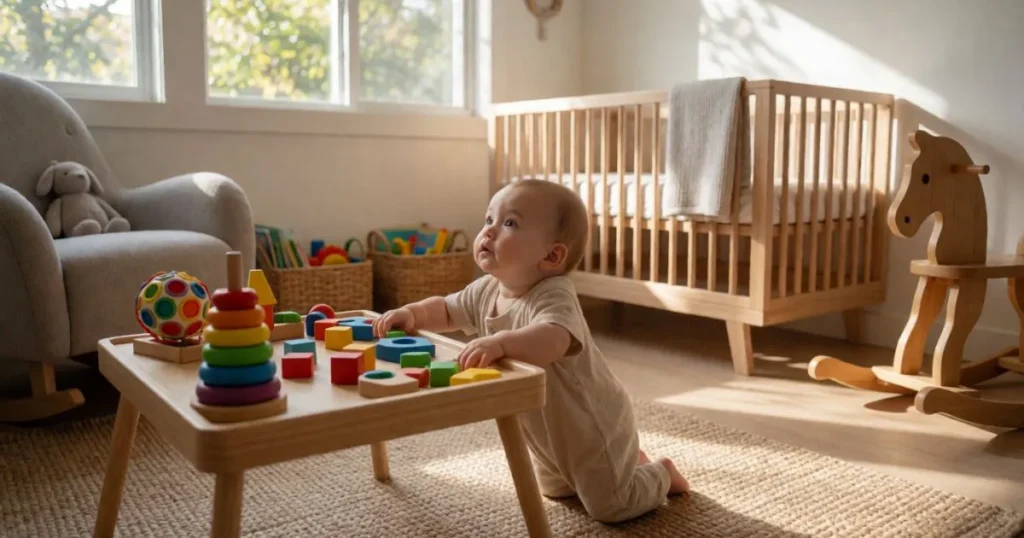 Baby crawling across a nursery floor