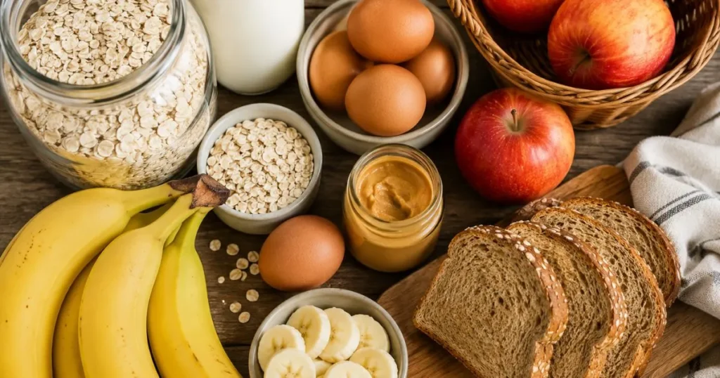 Affordable healthy toddler breakfast ideas with oatmeal, eggs, bananas, and toast