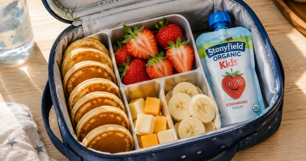 Portable toddler daycare breakfast packed in a lunch container with healthy foods