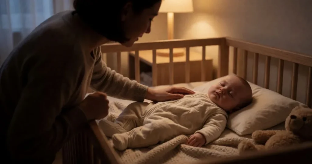 Parent comforting a sleepy baby