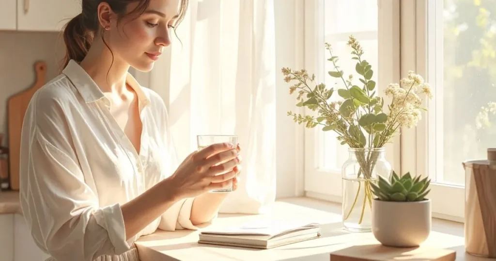 Mom drinking water and planning her morning