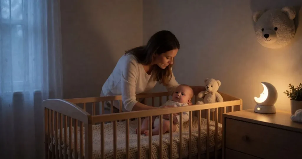 Parent comforting a 6-month-old baby during the 6 month sleep regression at night