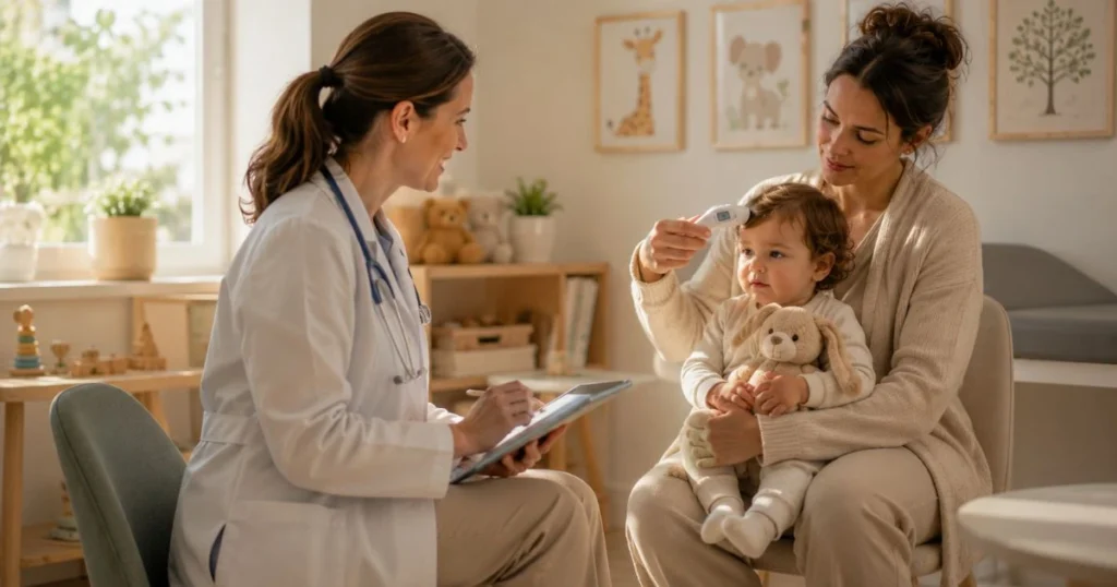 Parent checking a toddler's temperature while speaking with a pediatrician.