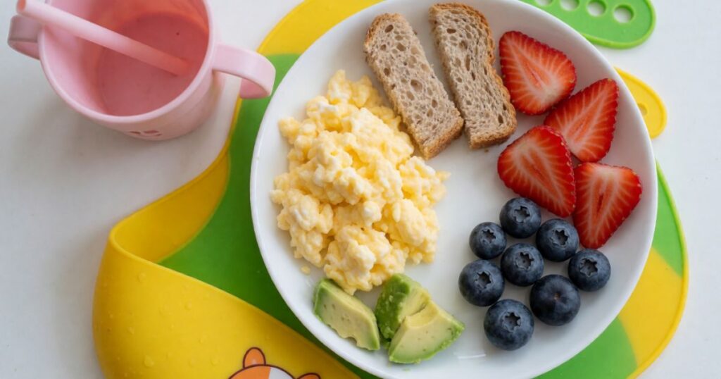 Balanced toddler breakfast plate with protein, fruit, whole grains, and healthy fats