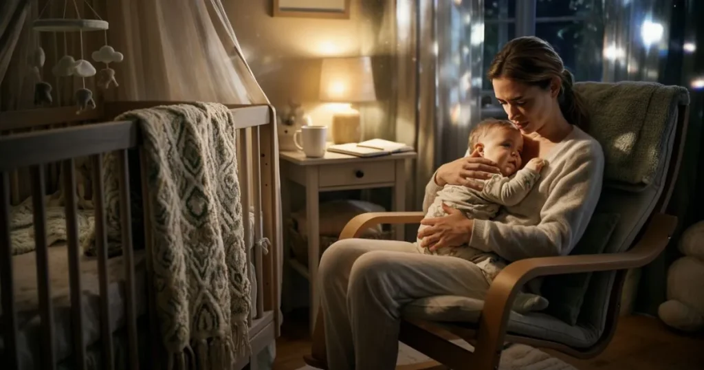 Mother comforting her awake 4-month-old baby during the 4 month sleep regression