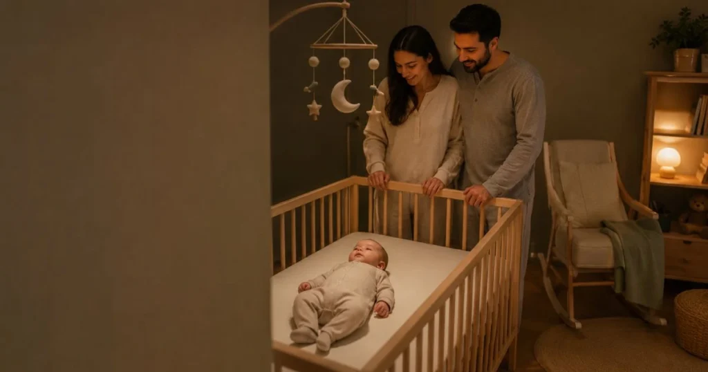 Baby awake in a crib while parents watch calmly.