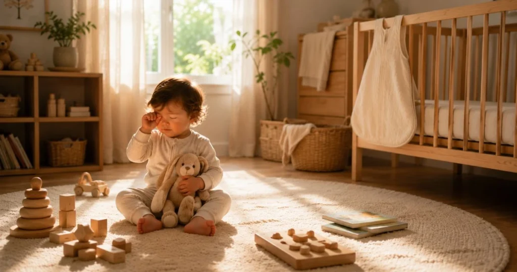 A sleepy 12-month-old toddler refusing sleep after morning playtime