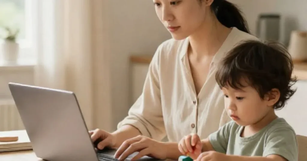 Busy mom following a realistic daily routine with her toddler nearby