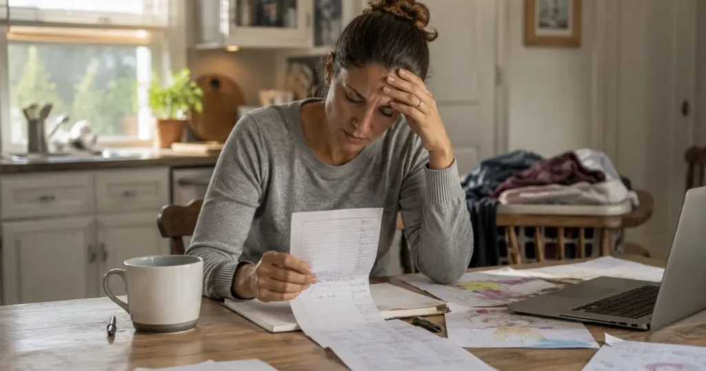 Mother feeling stressed while managing family responsibilities and household tasks
