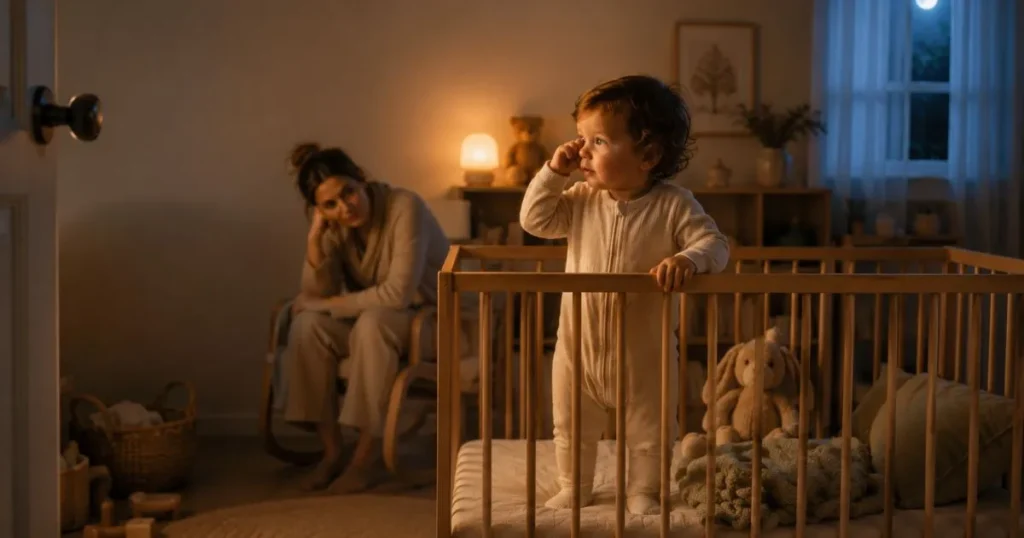 Toddler resisting bedtime, refusing naps, and waking at night during the 12-month sleep regression.