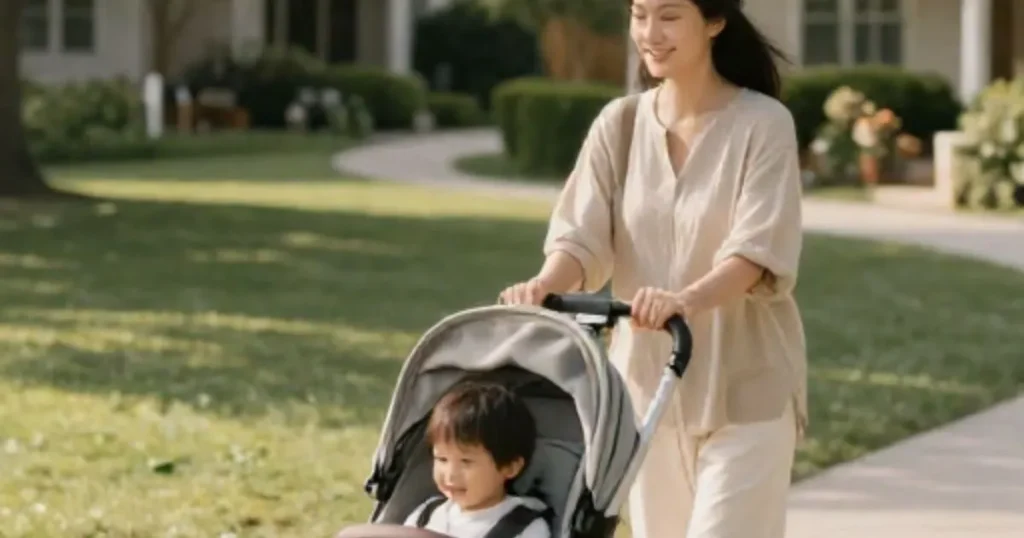 Mom walking with stroller in the park