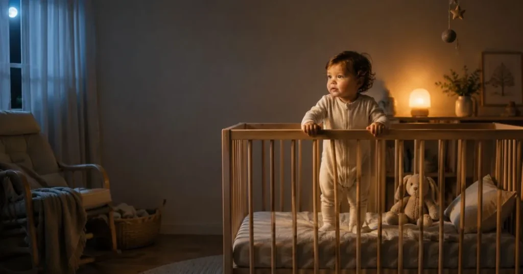 A curious 12-month-old toddler standing in a crib after waking during the night.
