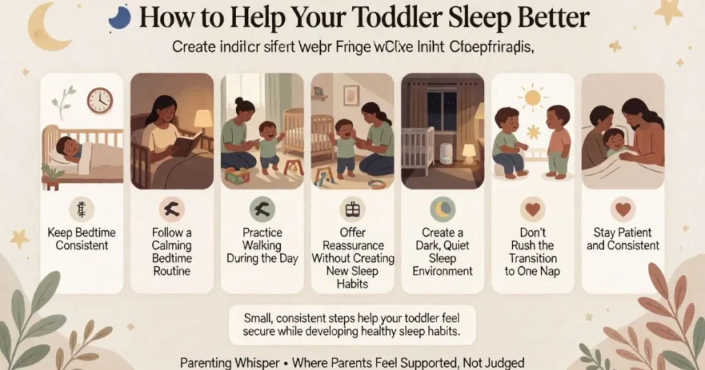 Infographic with practical tips to help toddlers sleep better, including maintaining a bedtime routine, practicing walking during the day, offering reassurance, avoiding an early nap transition, and creating a calming sleep environment.