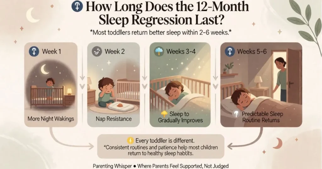 Timeline infographic showing that the 12-month sleep regression typically lasts 2 to 6 weeks, with gradual improvements as toddlers adjust to new developmental milestones.