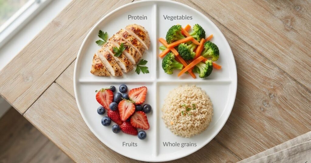 Divide the plate into

Protein
Vegetables
Fruits
Whole grains
