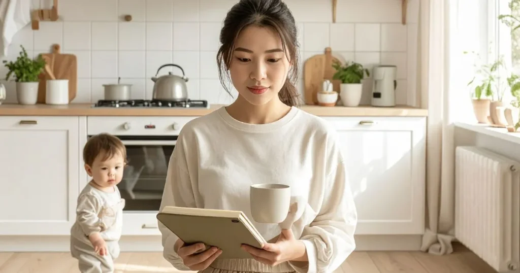 Mother working while toddler plays independently