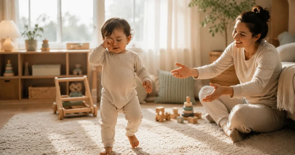 One-year-old learning to walk while looking sleepy.