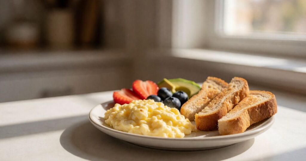 Healthy toddler breakfast with scrambled eggs, berries, strawberry slices, whole-grain toast, and avocado on a wooden table