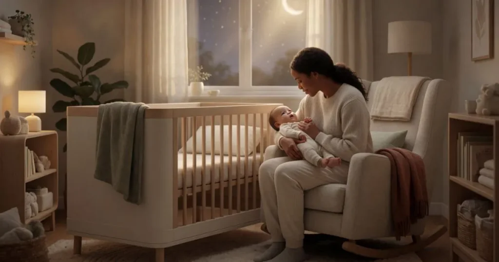 Parent soothing a baby awake during the night