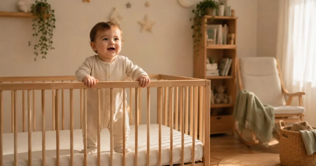 Baby standing in the crib after learning to pull up.