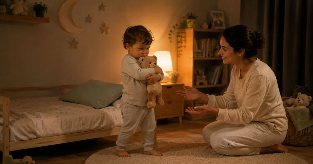 Toddler resisting bedtime while holding a stuffed toy.