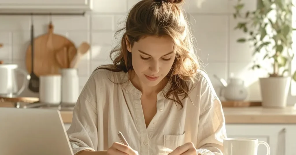 Mother organizing her daily planner at the kitchen table
