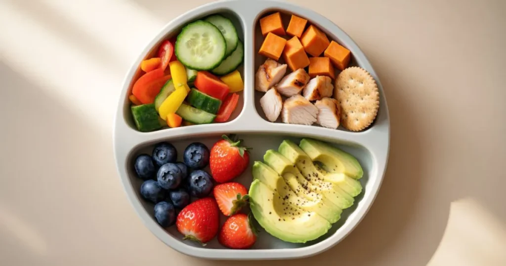 Balanced toddler lunch plate with protein, whole grains, fruits, vegetables, and healthy fats