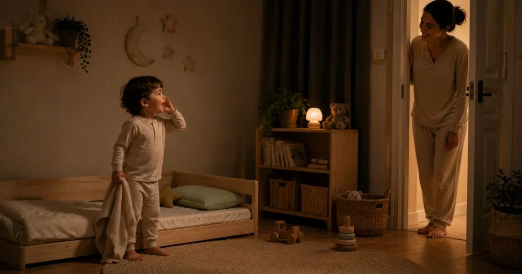 Toddler leaving a Montessori bed and calling for a parent.