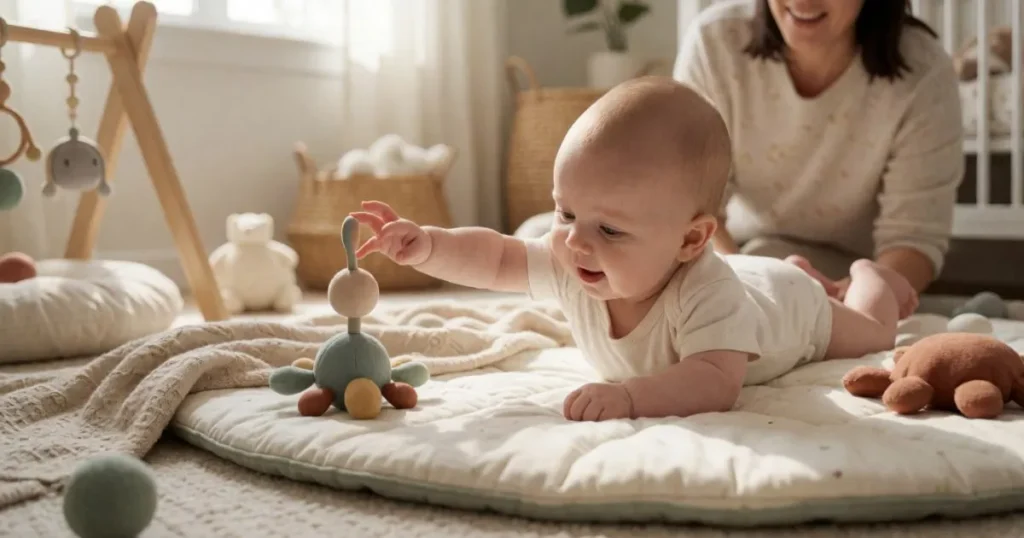 Baby reaching for a toy during early development