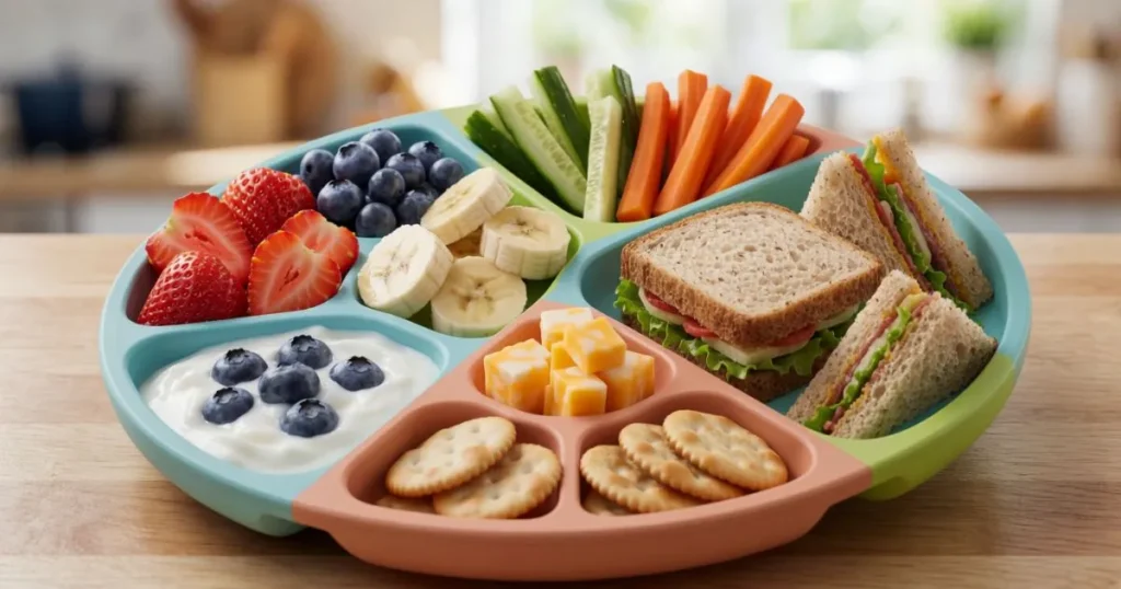 Balanced healthy toddler snacks on a divided plate