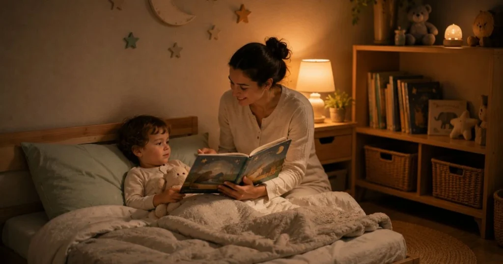 Parent reading a bedtime story in a calm bedroom.