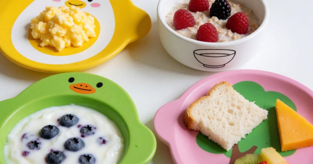 High-protein toddler breakfast ideas including eggs, Greek yogurt, cheese, and peanut butter toast