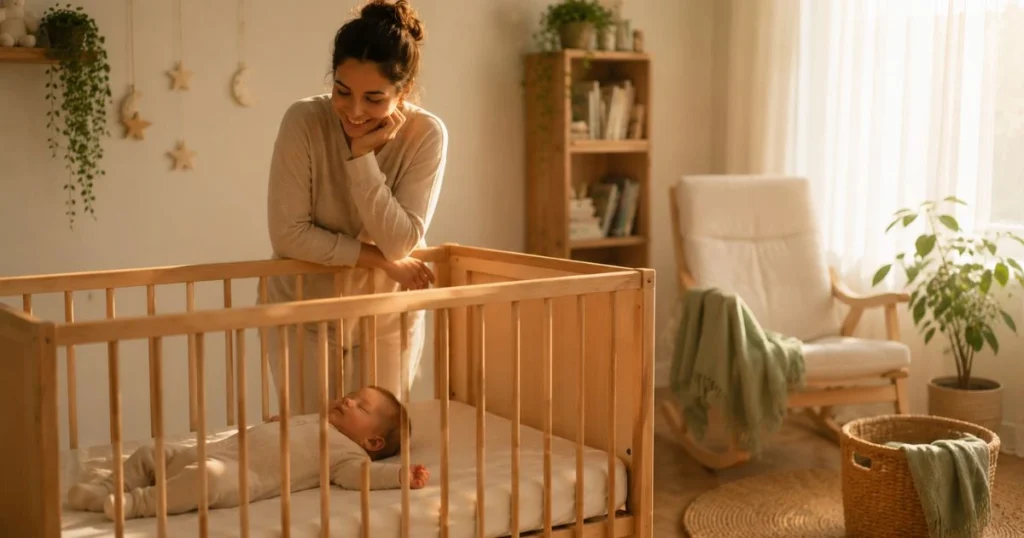 Sleeping baby and smiling parent