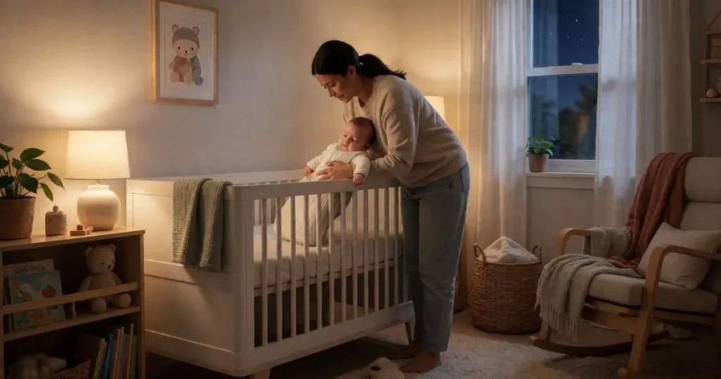 Calm bedtime routine in a softly lit nursery