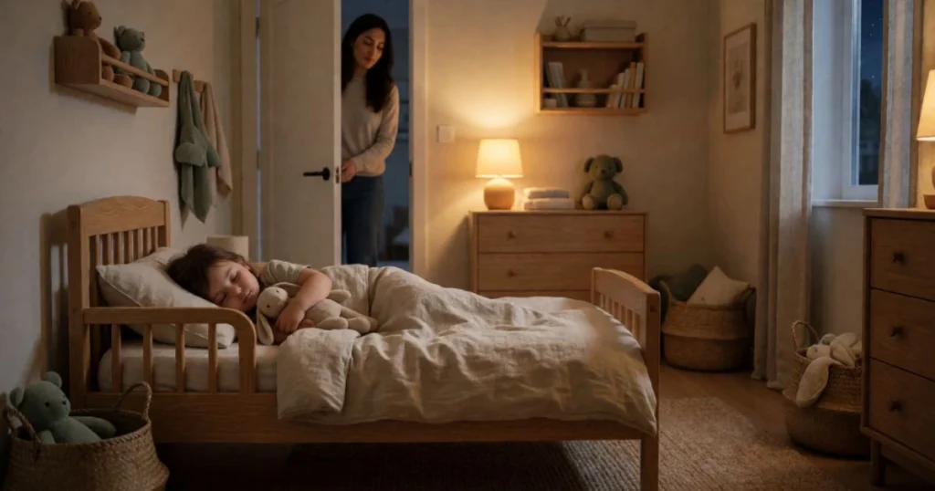 Toddler sleeping peacefully while parent closes bedroom door gently, warm lamp lighting