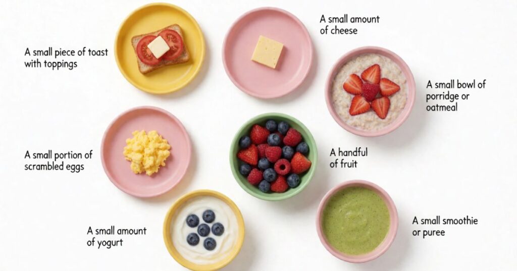 Toddler breakfast portion size examples for eggs, oatmeal, fruit, toast, and yogurt