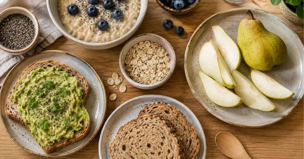 High-fiber toddler breakfast with oatmeal, berries, whole-grain toast, pears, and chia seeds