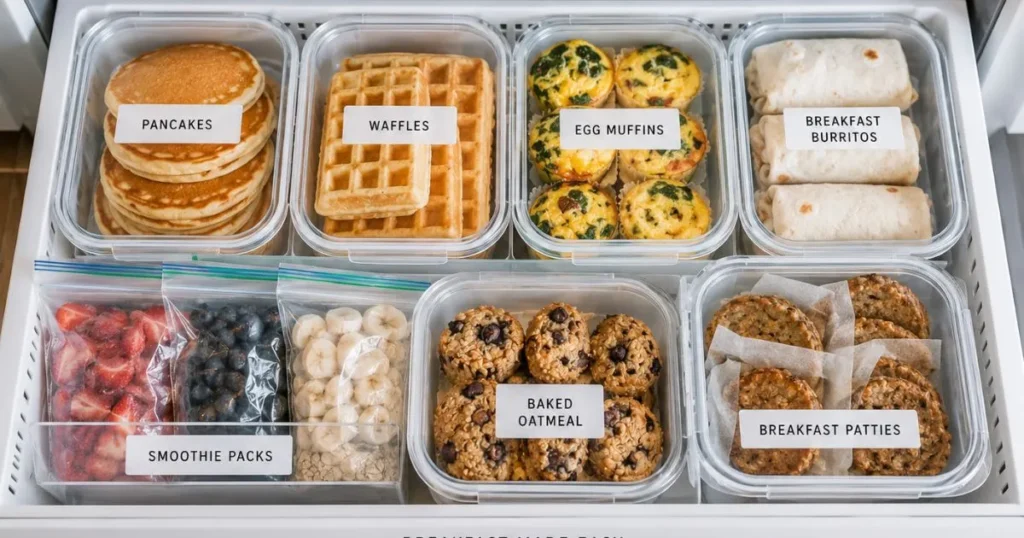 Frozen make-ahead toddler breakfasts stored in labeled containers
